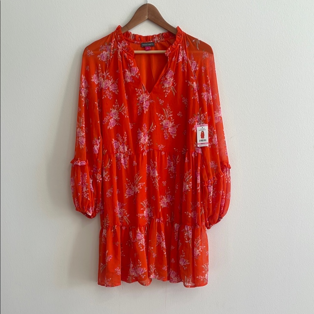 Vince Camuto Orange Pink‎ Floral Tiered Chiffon Mini Dress C3422900 Small NEW